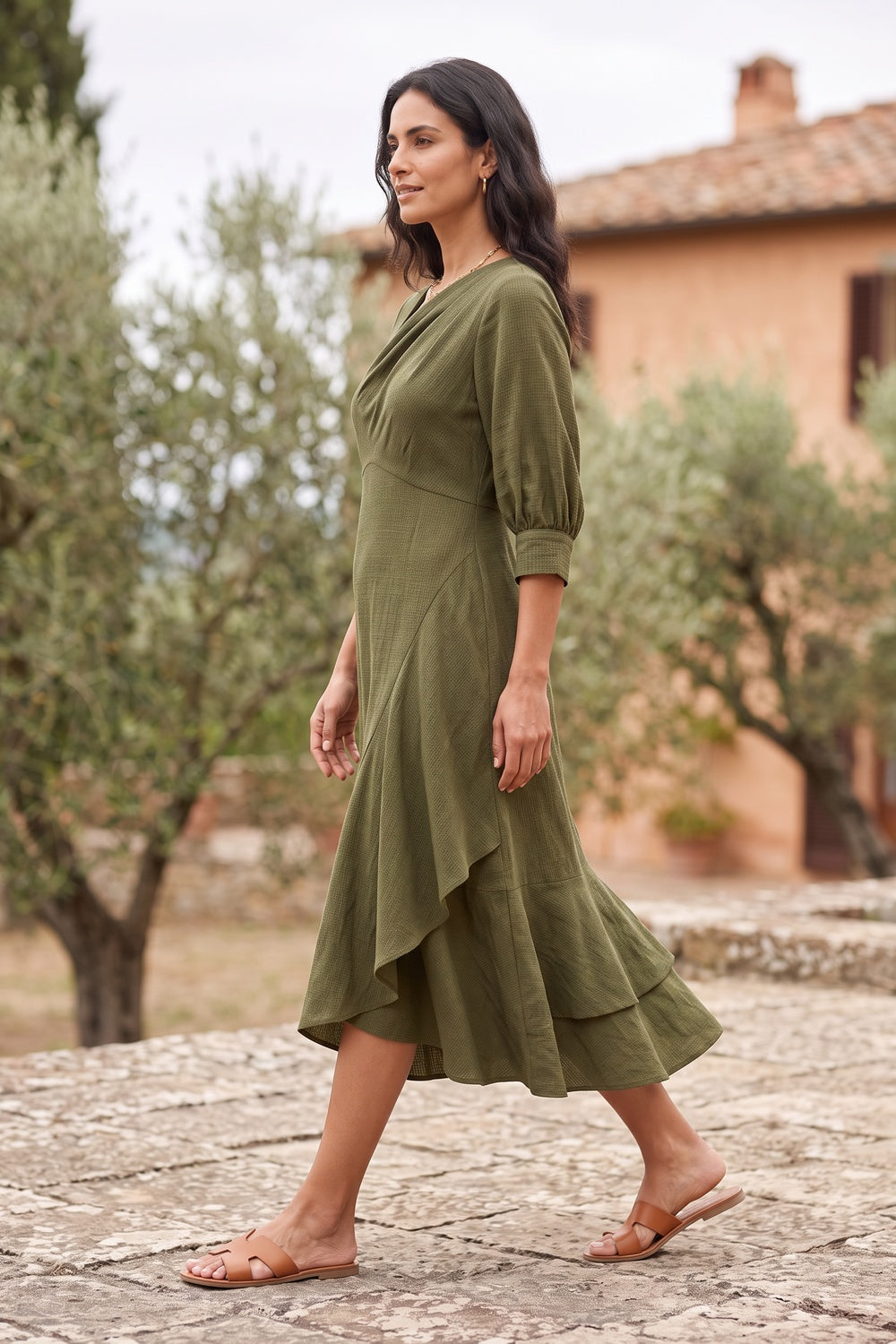 Italian Garden premium compact jersey or fluid Tencel blend Midi Dress for creative office clay red premium compact jersey or fluid Tencel blend Midi Dress - product view 3