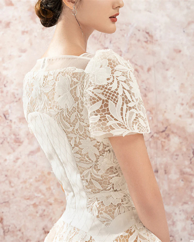 rose sleeve lace hollow mini dress in white
