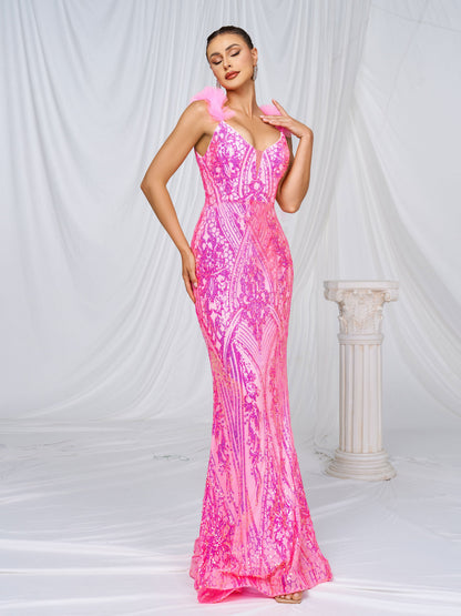 Mesh Straps Pink Sequin Maxi Dress