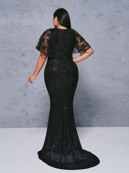 Plus Tulle Panel Sequin Mermaid Dress