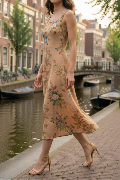 Khaki Multi-Tone Vintage Rose Floral Print Square Neck Thin Spaghetti Strap Satin Midi Slip Dress