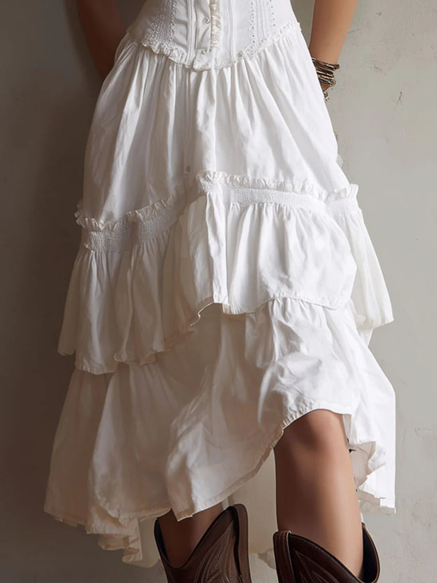 white renee Corset Tiered Midi Dress With Lace-Trim