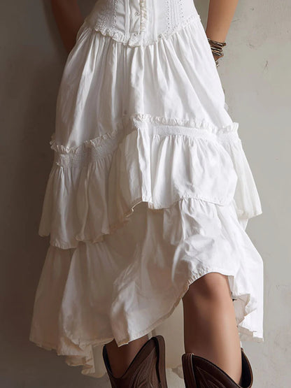 white renee Corset Tiered Midi Dress With Lace-Trim