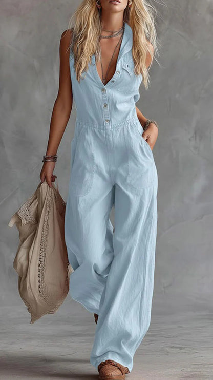 Women's Solid Color Shirt Collar Sleeveless Casual Loose Cotton And Linen Wide-leg Jumpsuit