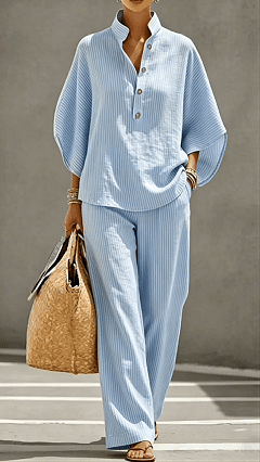 Women’s Batwing Sleeve Linen Cotton Two-Piece Set – Casual Shirt & Wide Leg Pants Outfit