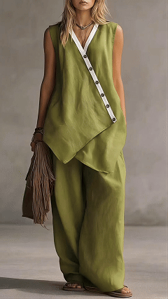 V-Neck Sleeveless Wide-Leg Pants Two-Piece Set with Asymmetrical Buttons
