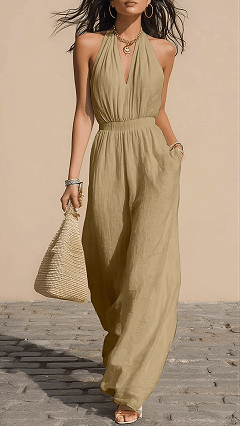Halter-Neck V-Neck Slim-Fit Jumpsuit