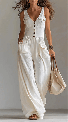 Loose-Fit Casual Jumpsuit with Button Details and Side Pockets