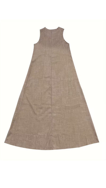Vintage-effect V-neck Sleeveless Loose Maxi Dress