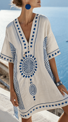 linen v-neck printed loose mini dress