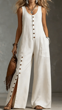 Sleeveless Linen Jumpsuit with Button Pockets