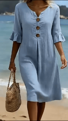 Cotton-Linen Dress with V-Neck, Large Buttons, and Ruffled Sleeves