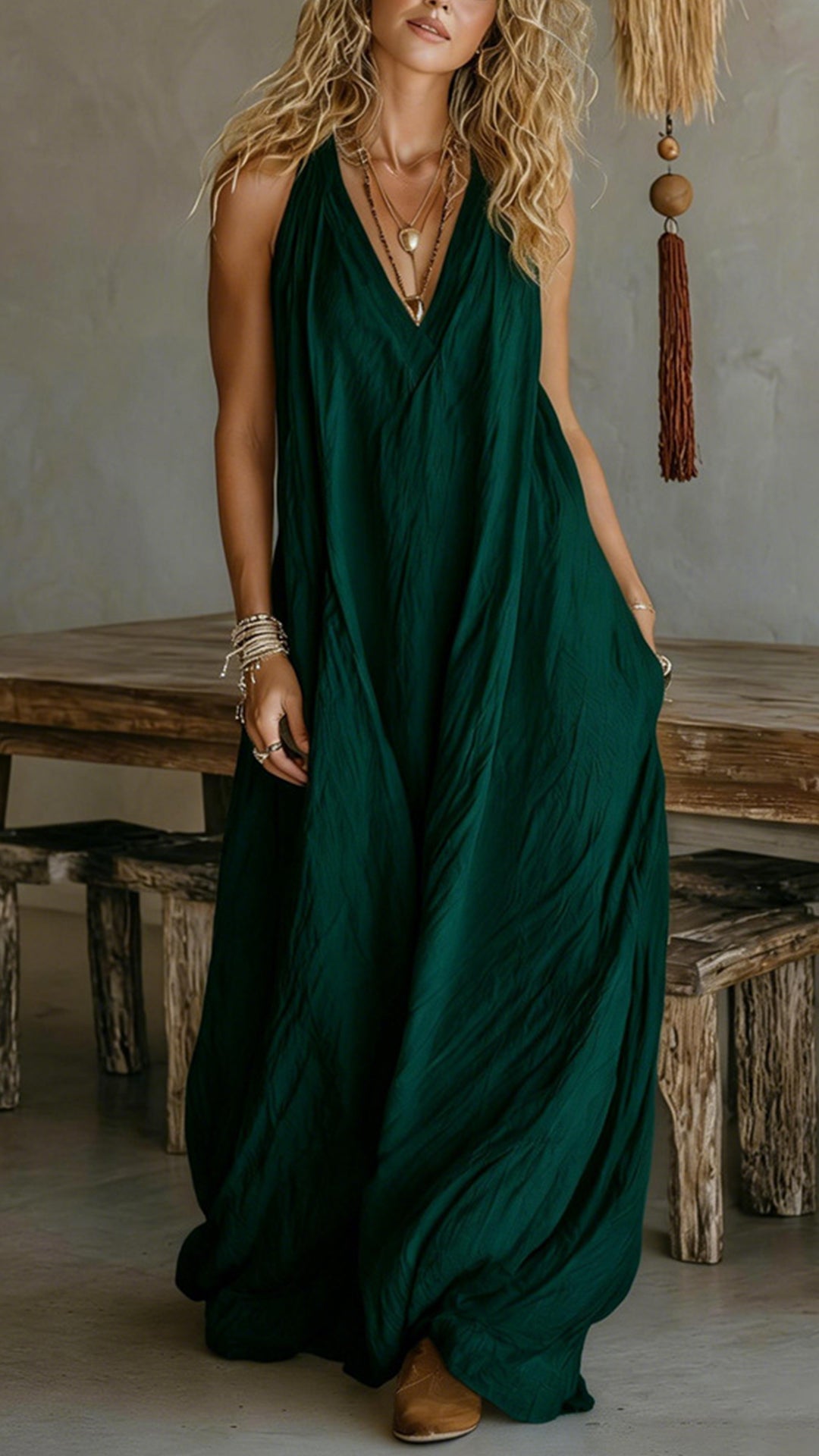 Halter V-Neck Linen-Blend Maxi Dress