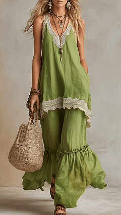 Bohemian-Style Vacation Dress with Lace Straps