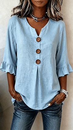V-Neck Cotton-Linen Button-Up Top