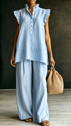 Ruffled Sleeveless Shirt and Loose-Fit Trousers Two-Piece Set