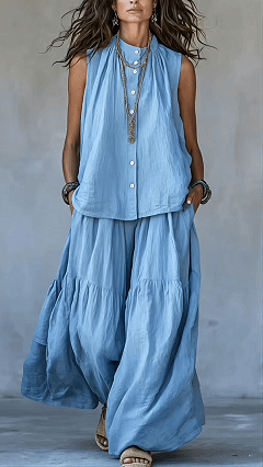 Stand-Collar, Sleeveless Top with Front Placket &amp; Wide-Leg Pants