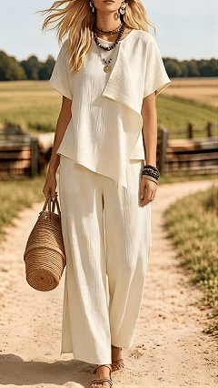 Irregular Short-Sleeve Top &amp; Slit Wide-Leg Pants
