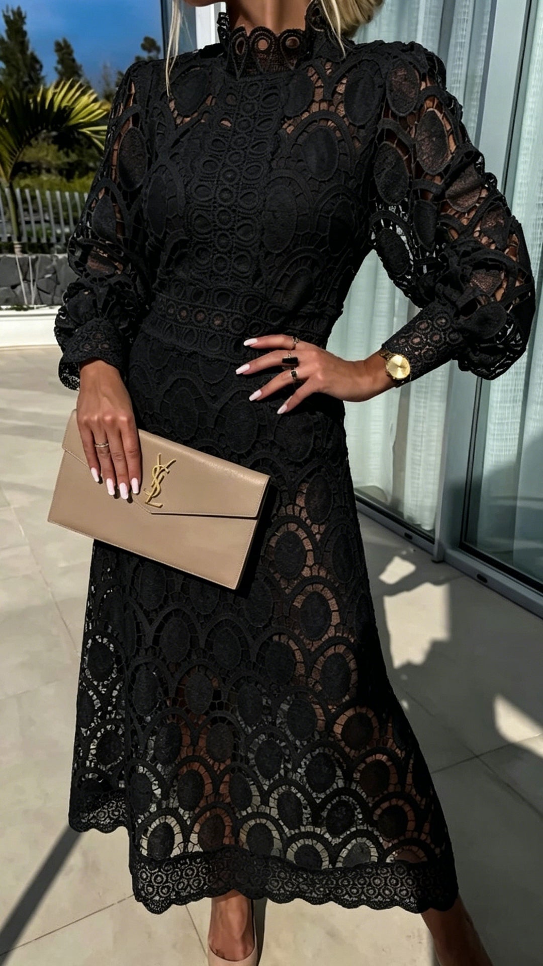Hollow Out long sleeve midi Dress