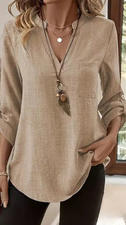 Women's Army Green Linen-Blend Henley Shirt