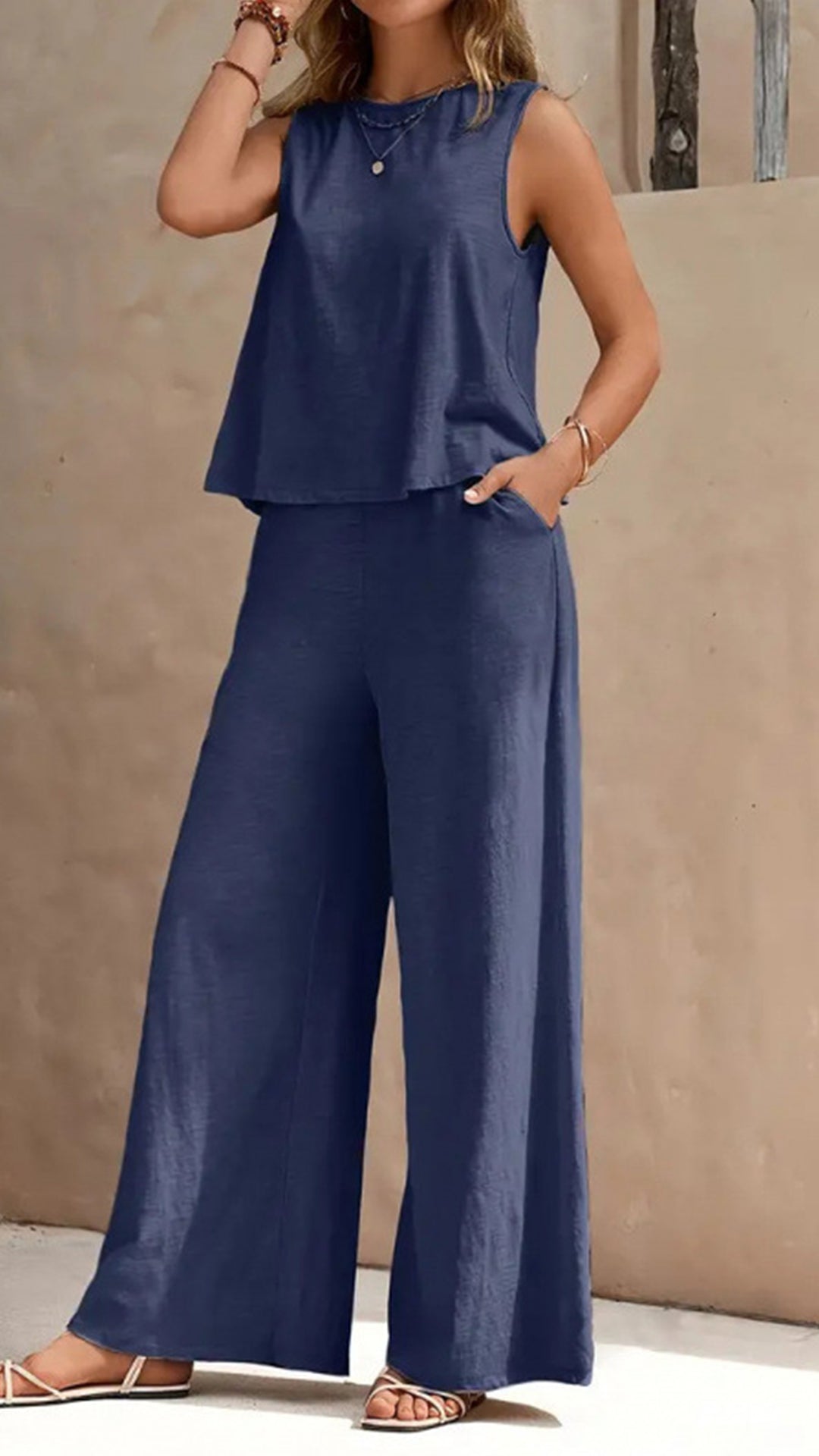 Casual Vacation Style - Sleeveless Cotton-Blend Two-Piece Set