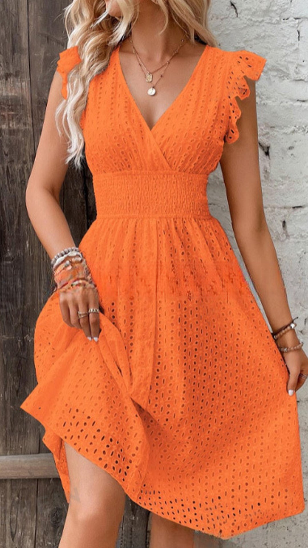 lace hollow V-Neck ruffle trim Mini Dress