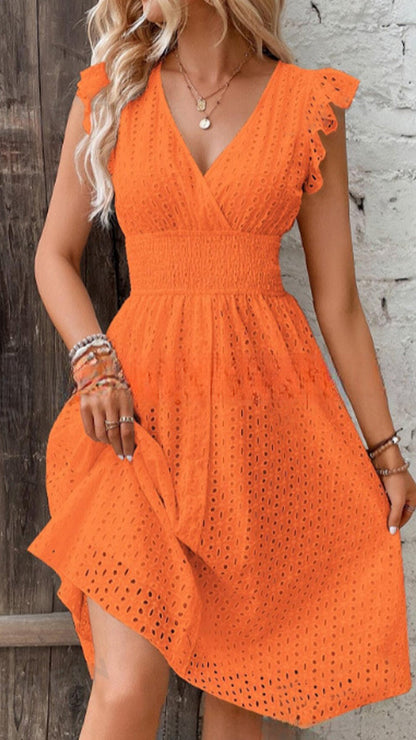 lace hollow V-Neck ruffle trim Mini Dress