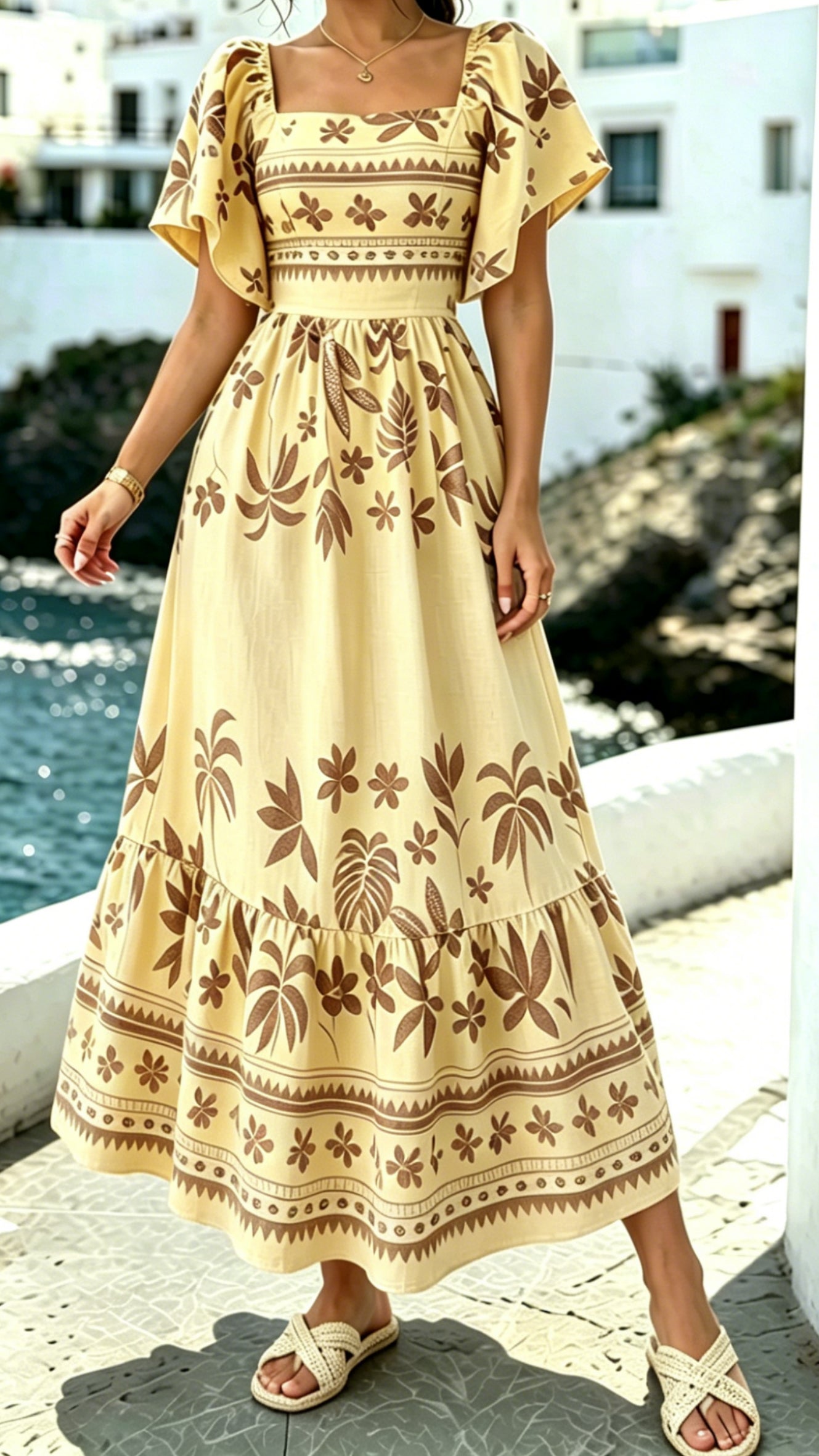 Women's Printed Dress with Square Neckline and Flutter Sleeves