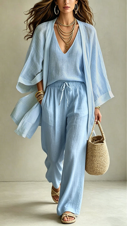 Women's Linen-Blend Three-Piece Set (Kimono + Tank + Shorts)