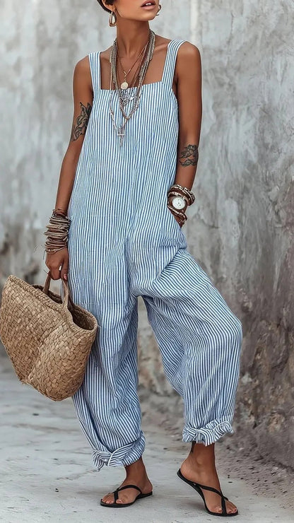 Linen-Blend Striped Jumpsuit