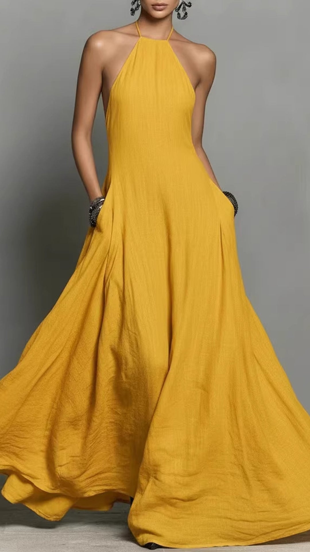 sleeveless linen halter-Neck Loose maxi Dress