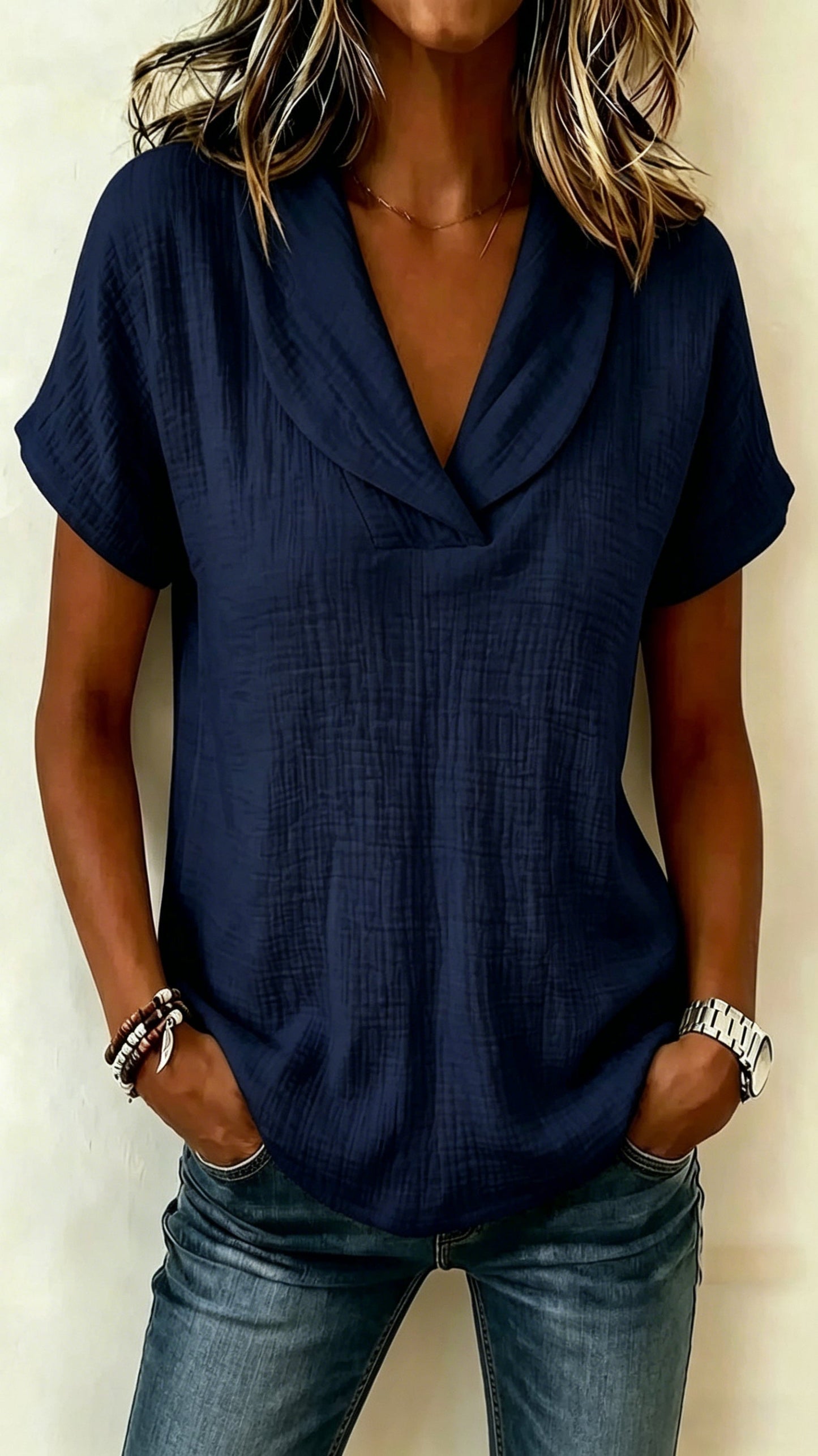 Short-Sleeve Crepe V-Neck Casual Fashion T-Shirt