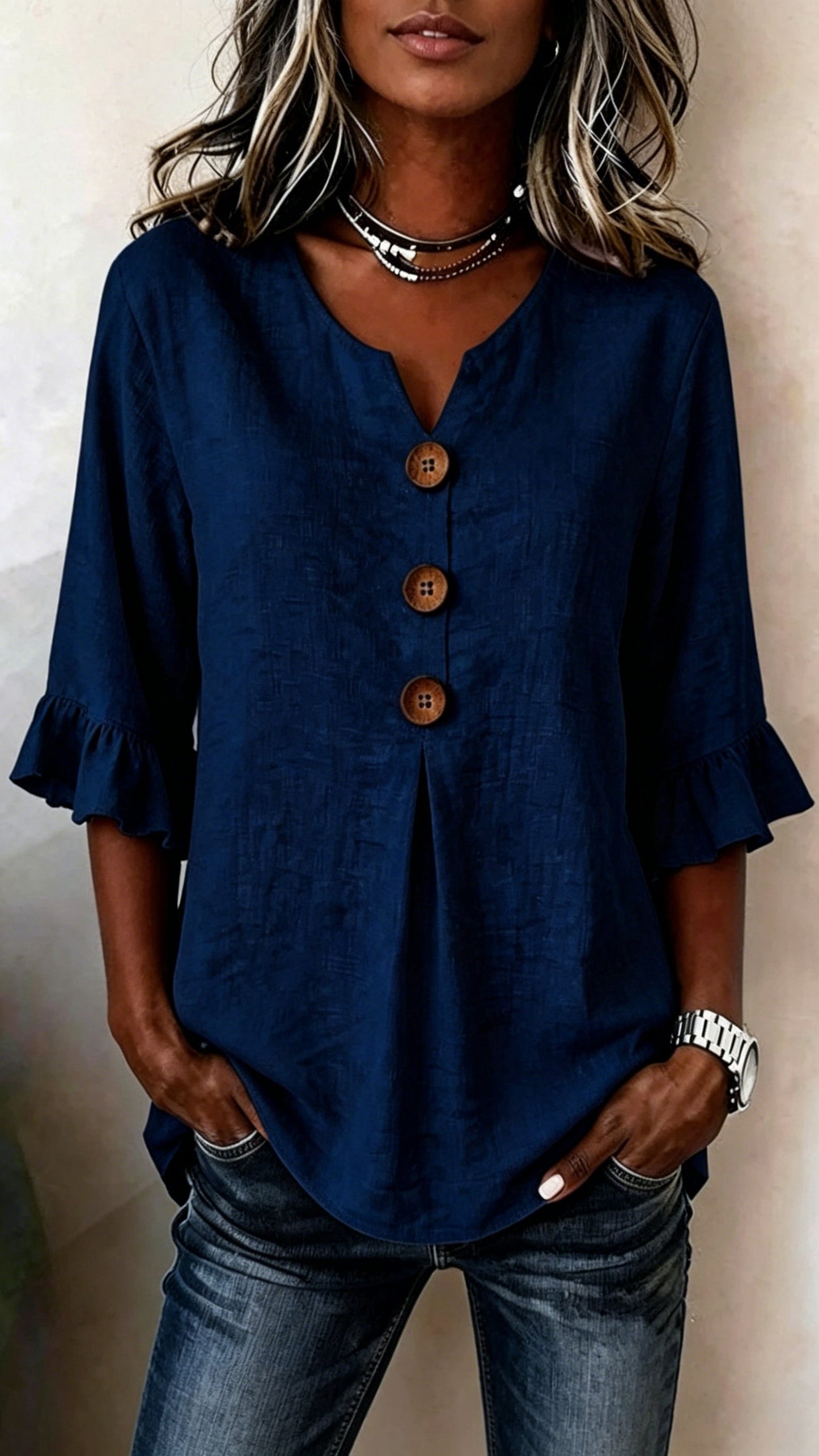 V-Neck Cotton-Linen Button-Up Top