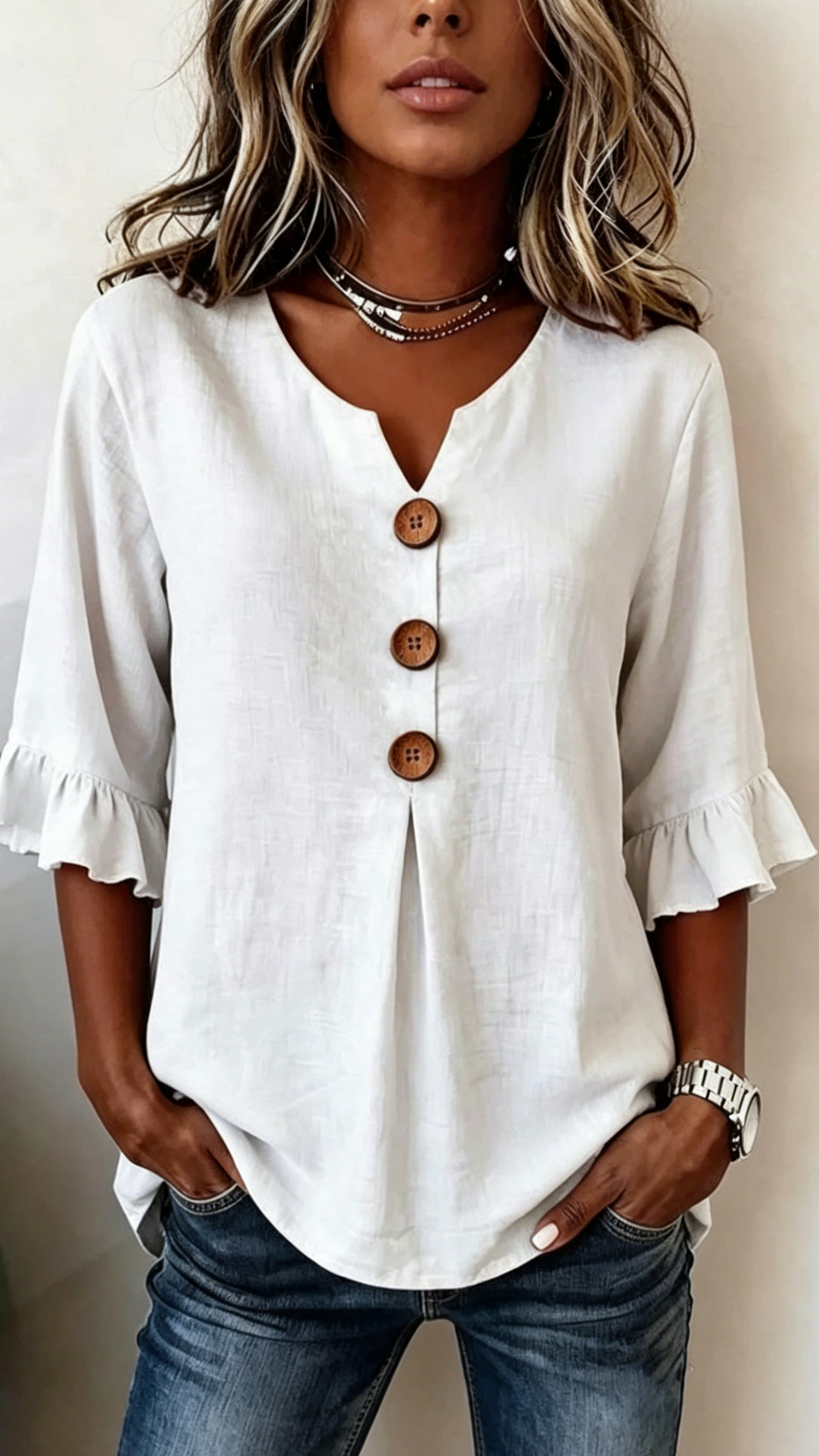 V-Neck Cotton-Linen Button-Up Top