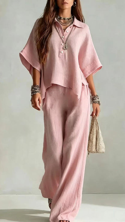 Women's Cotton-Blend Henley Neck Wide-Leg Pants Set