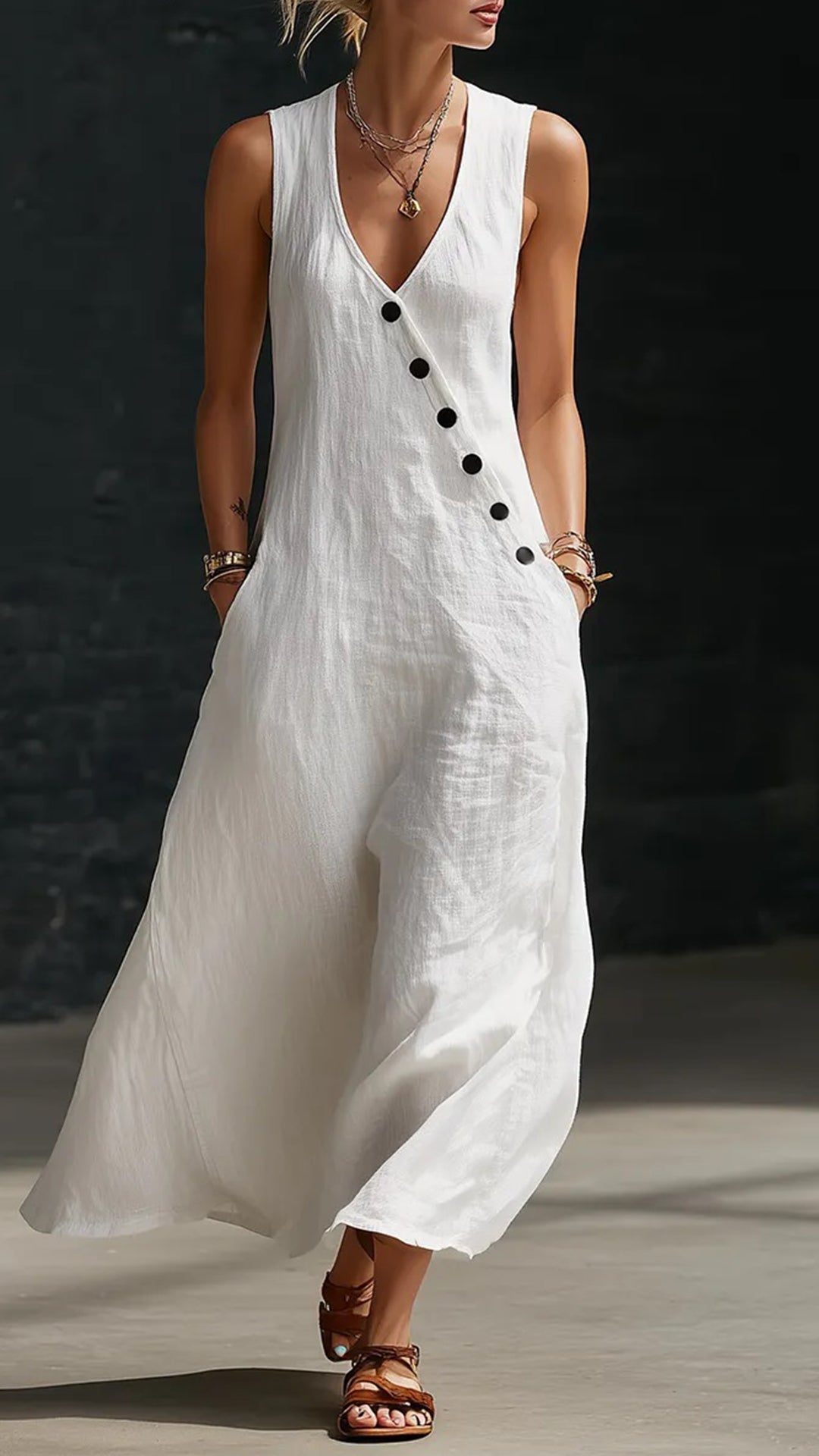 Linen-Texture V-Neck Sleeveless Maxi Dress