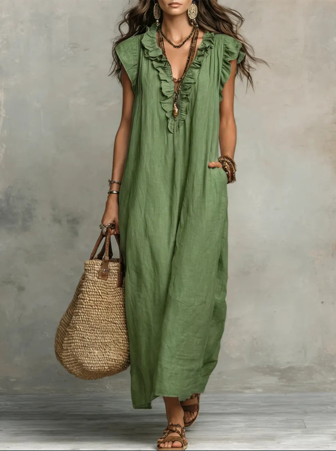 Cotton-Blend Ruffle V-Neck Maxi Dress