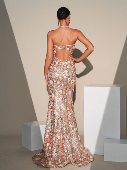 Halter Floral Sequin Fringed Split Dress