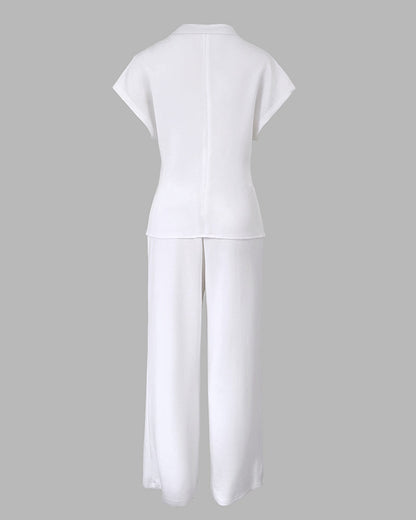 Women's 2 Piece Outfits V Neck Twist Front Slit Top and High Waisted Straight Leg Pants Set Commute Business Casual Suit