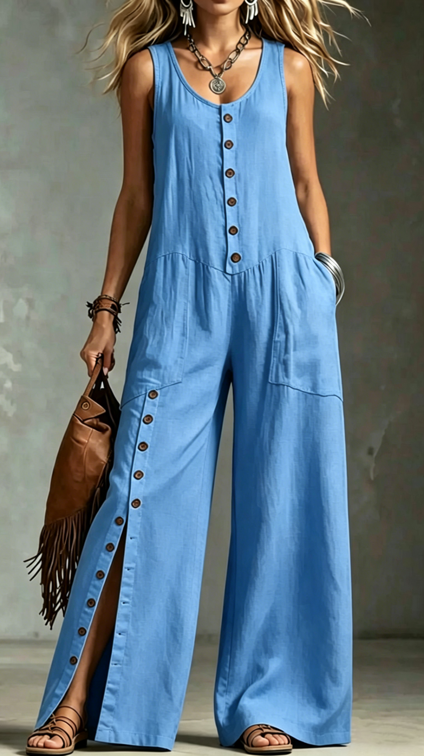 Sleeveless Linen Jumpsuit with Button Pockets