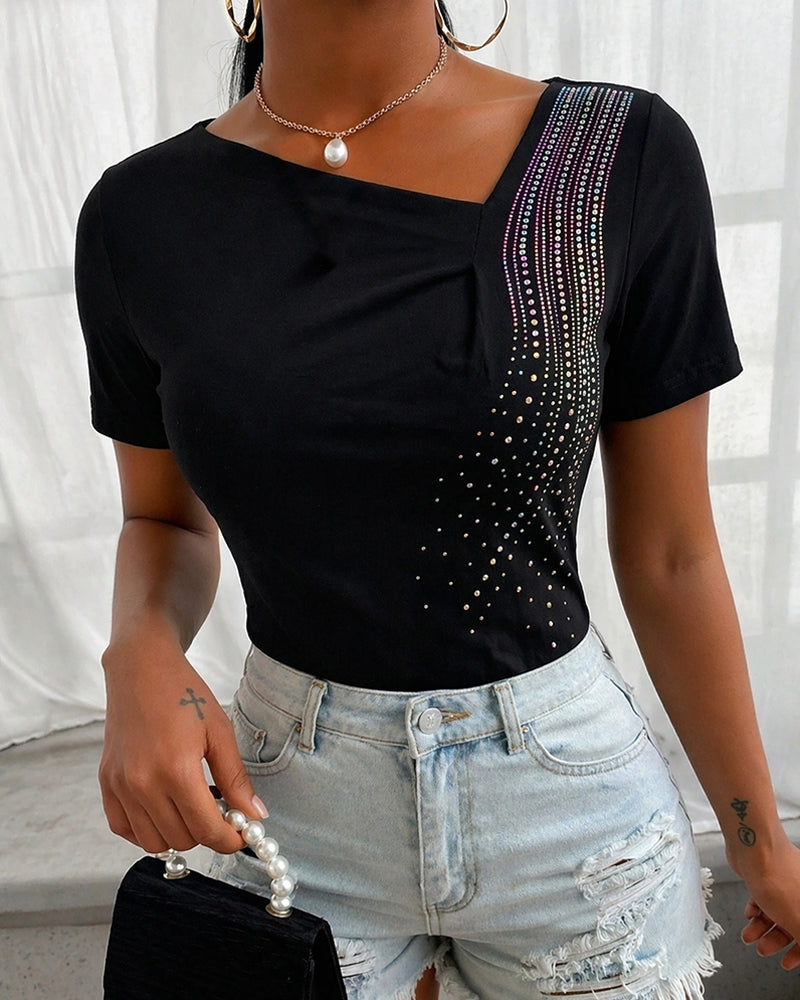 Women's Asymmetric Neckline T-Shirt Rhinestone Short Sleeve Tee Sparkly Slim Fit Casual Party Top