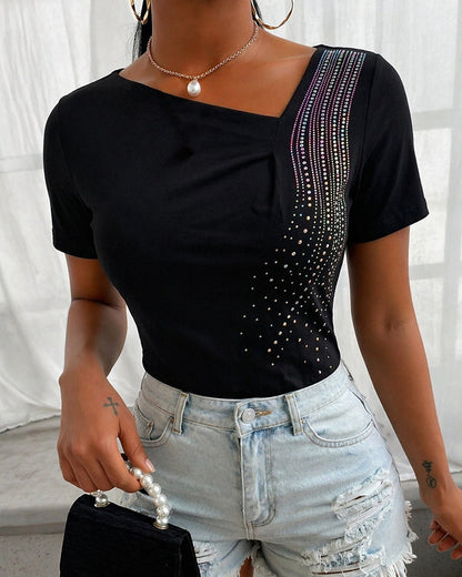 Women's Asymmetric Neckline T-Shirt Rhinestone Short Sleeve Tee Sparkly Slim Fit Casual Party Top