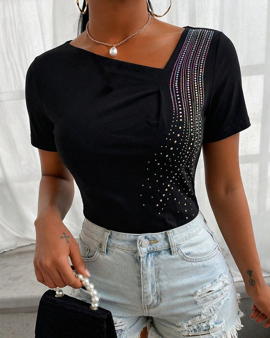 Women's Asymmetric Neckline T-Shirt Rhinestone Short Sleeve Tee Sparkly Slim Fit Casual Party Top