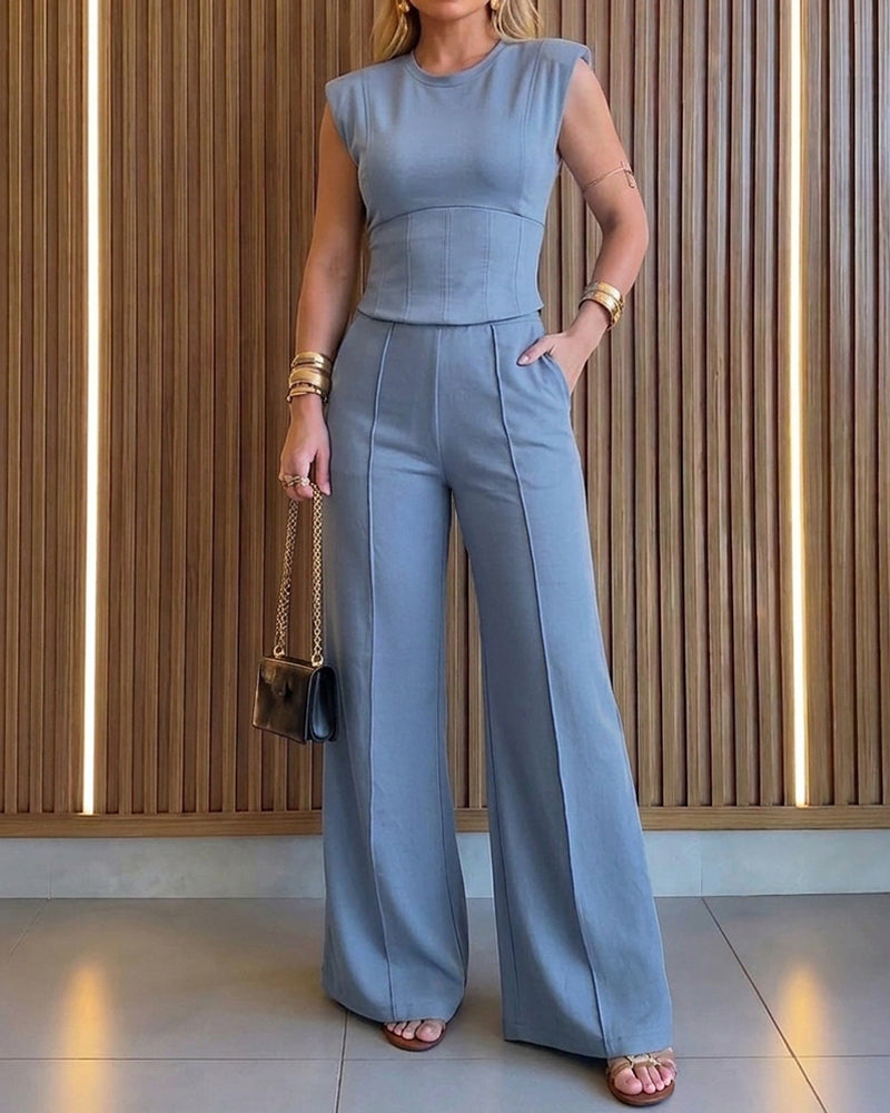 2 Pieces Outfit O-neck Sleeveless Padded Shoulders Cinched Waist Crop Top and Elastic Waist Seam Front Wide Leg Pants Set