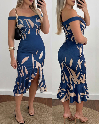 Women's Off Shoulder Midi Dress Leaf Print Bodycon Mermaid Dress Ruffle Hem Slit Party Cocktail Dress