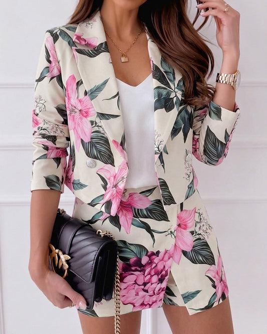 Women's 2 Piece Floral Outfits Double Breasted Cropped Blazer and High Waisted Skort Set Casual Suit Set