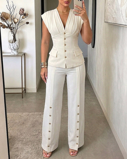 Women's 2-Piece Elegant Set Deep V-Neck Sleeveless Backless Pleated Top and Wide-Leg Pants Formal Outfit
