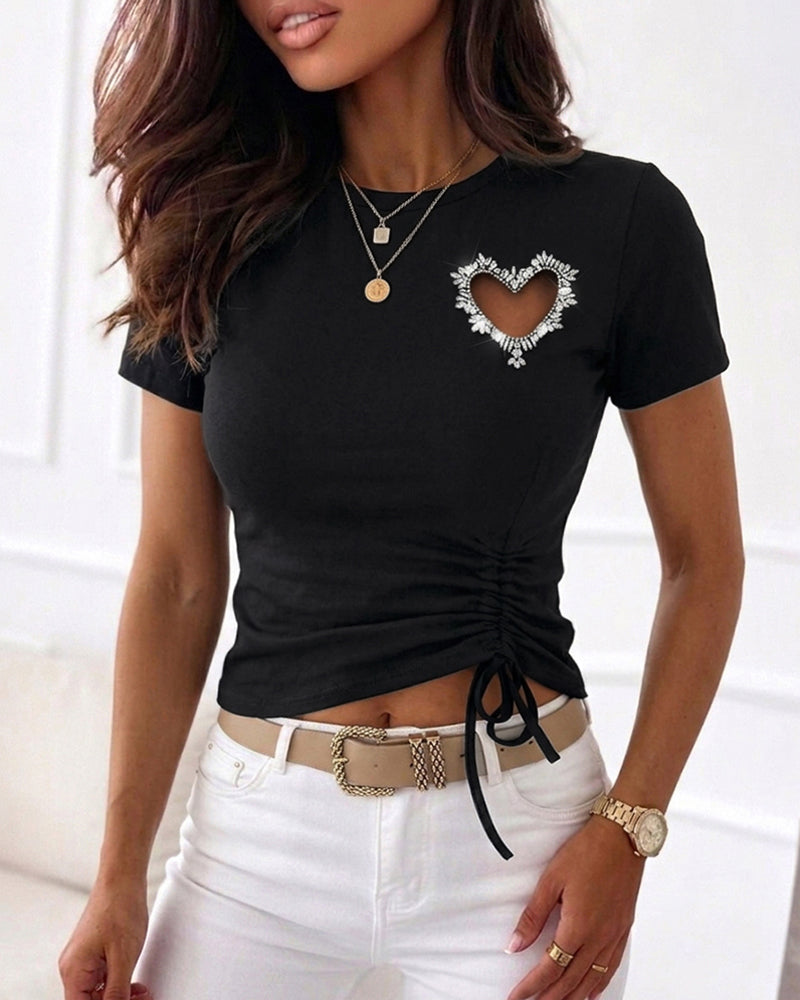 Women's Heart Cutout Rhinestone T-Shirt Short Sleeve Side Drawstring Ruched Top Slim Fit Sparkly Party Tee