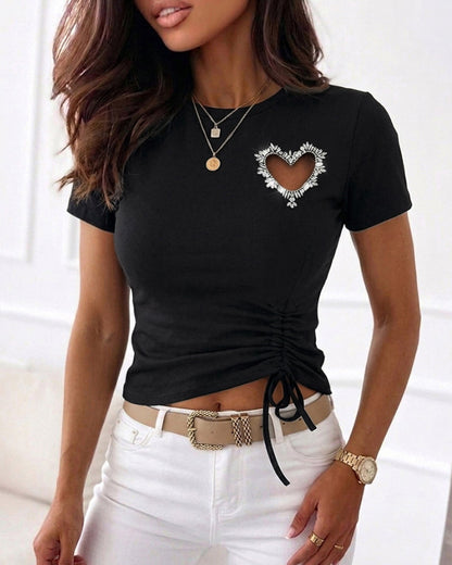 Women's Heart Cutout Rhinestone T-Shirt Short Sleeve Side Drawstring Ruched Top Slim Fit Sparkly Party Tee