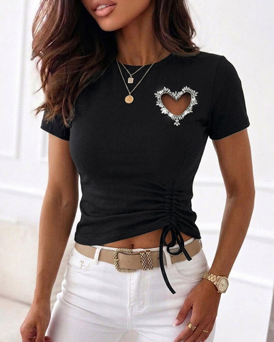 Women's Heart Cutout Rhinestone T-Shirt Short Sleeve Side Drawstring Ruched Top Slim Fit Sparkly Party Tee